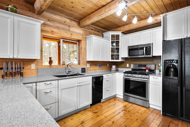 148 Muley Rd, Lakeside, MT 59922 - kitchen with light wood-style flooring, a sink, white cabinetry, black appliances, and wooden ceiling