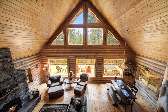 148 Muley Rd, Lakeside, MT 59922 - living room with wood ceiling, log walls, and hardwood / wood-style flooring