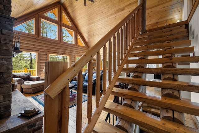 148 Muley Rd, Lakeside, MT 59922 - staircase with wooden ceiling, log walls, wood-type flooring, and high vaulted ceiling