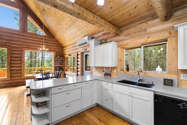 148 Muley Rd, Lakeside, MT 59922 - kitchen featuring a peninsula, log walls, a sink, and dishwasher