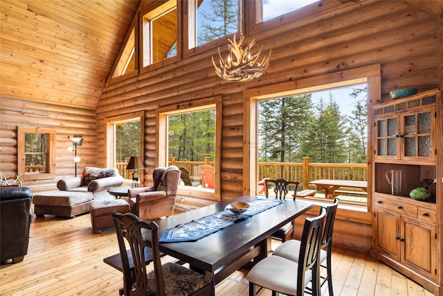 148 Muley Rd, Lakeside, MT 59922 - dining area with high vaulted ceiling, log walls, wooden ceiling, light wood finished floors, and a notable chandelier