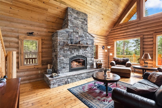148 Muley Rd, Lakeside, MT 59922 - living area with wood-type flooring, rustic walls, a healthy amount of sunlight, and high vaulted ceiling