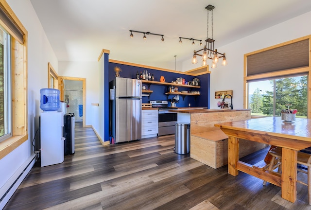 282 Mountain View Rd, Rexford, MT 59930 - kitchen featuring stainless steel appliances, a baseboard radiator, open shelves, dark wood finished floors, and decorative light fixtures