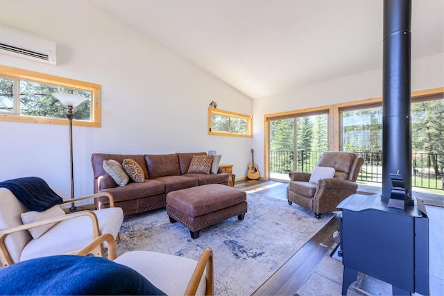 282 Mountain View Rd, Rexford, MT 59930 - living area featuring a wall unit AC, wood finished floors, vaulted ceiling, and a wood stove