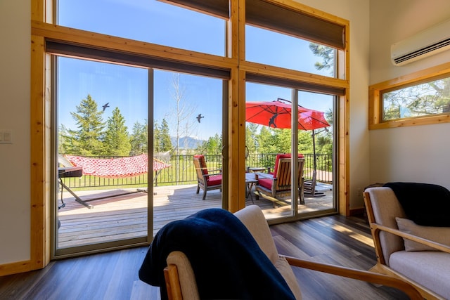 entryway featuring a wealth of natural light, a wall mounted AC, and wood finished floors
