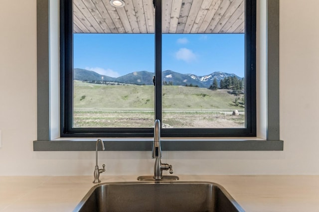room details with a mountain view, light countertops, and a sink