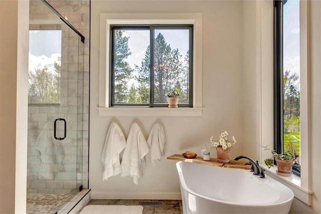 bathroom featuring a freestanding bath, baseboards, a shower stall, and a healthy amount of sunlight