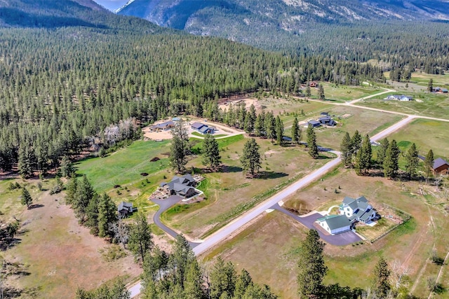 bird's eye view with a forest view and a mountain view