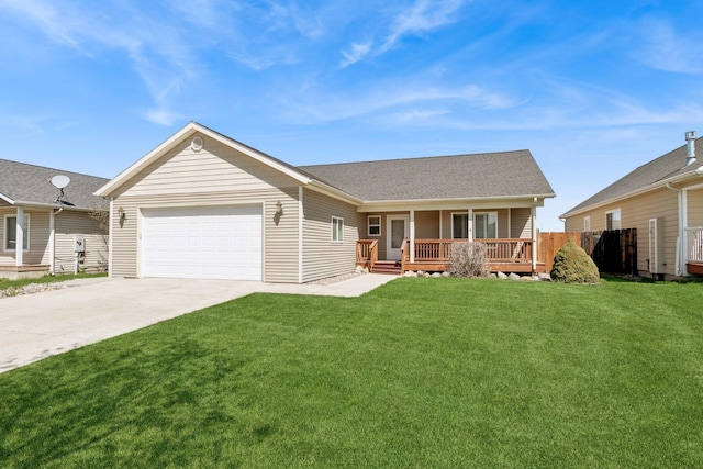 ranch-style home with a porch, concrete driveway, a garage, and a front yard