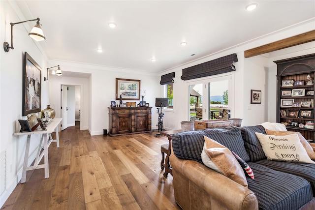 living area with light wood finished floors, crown molding, and recessed lighting
