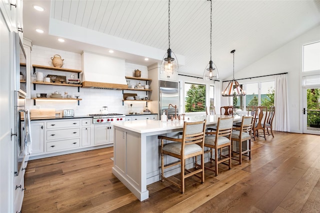 kitchen featuring open shelves, light wood-type flooring, appliances with stainless steel finishes, tasteful backsplash, and custom range hood