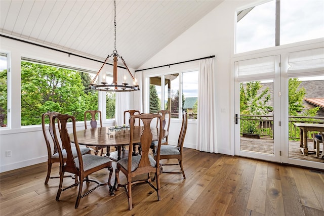 dining area featuring hardwood / wood-style floors, high vaulted ceiling, wooden ceiling, a chandelier, and baseboards