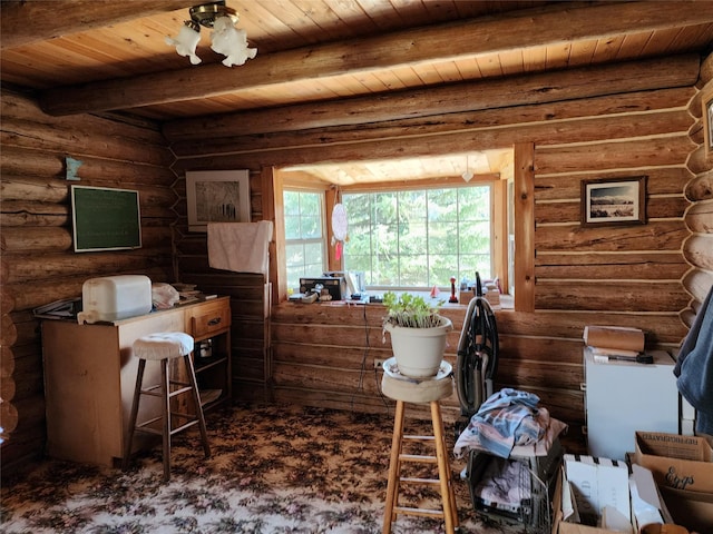 interior space featuring rustic walls, beam ceiling, and wooden ceiling