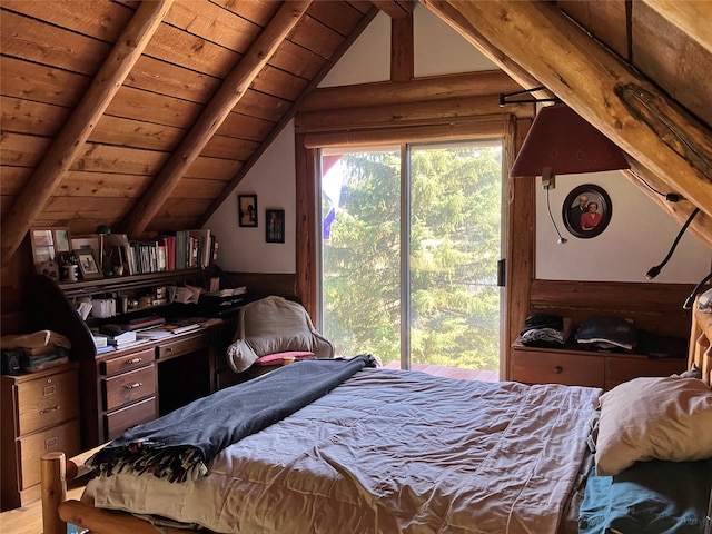 bedroom with wooden ceiling, access to exterior, and vaulted ceiling with beams