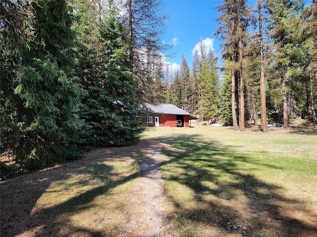 view of yard featuring a forest view
