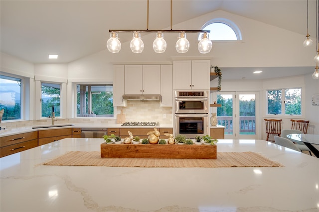 kitchen with light stone countertops, under cabinet range hood, a sink, decorative backsplash, and stainless steel appliances