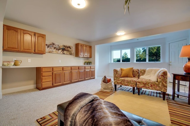 living area featuring baseboards and light colored carpet