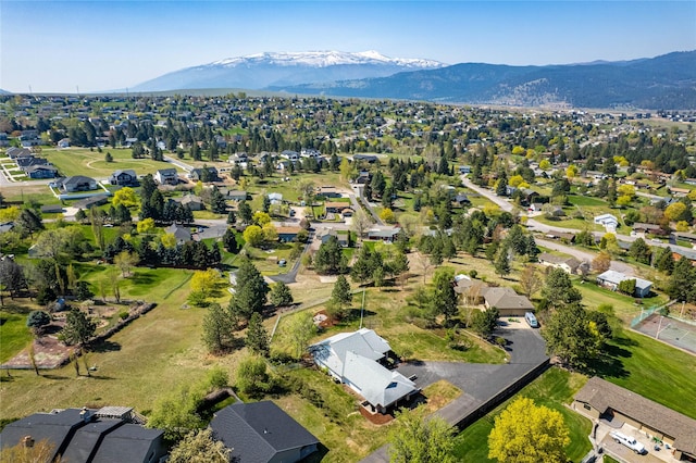 aerial view featuring a mountain view and a residential view
