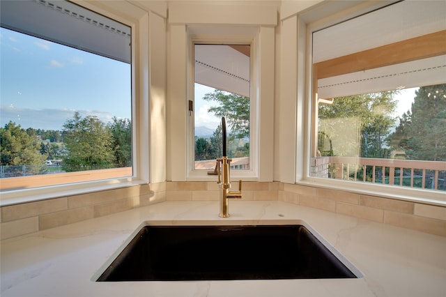 details with light stone counters and a sink