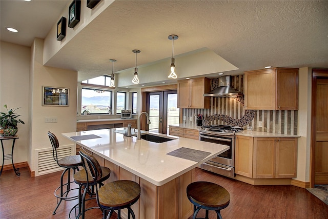 kitchen featuring a sink, stainless steel range with gas stovetop, dark wood-style floors, and wall chimney exhaust hood