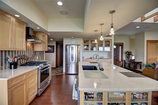 kitchen featuring glass insert cabinets, dark wood-style flooring, a sink, wall chimney range hood, and appliances with stainless steel finishes