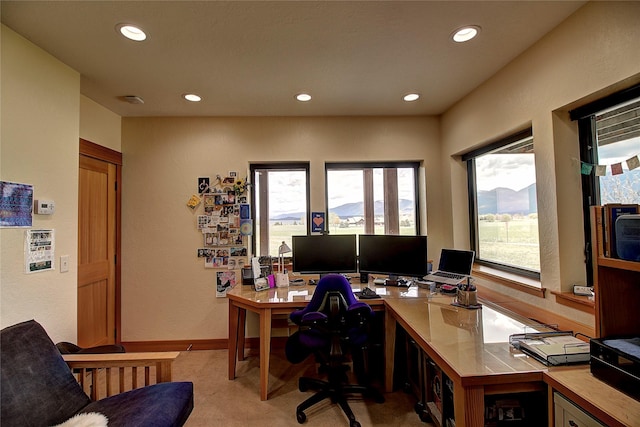 home office with light colored carpet and recessed lighting