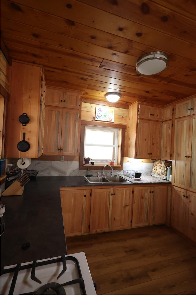 kitchen with dark wood-style flooring, dark countertops, a sink, and wood ceiling