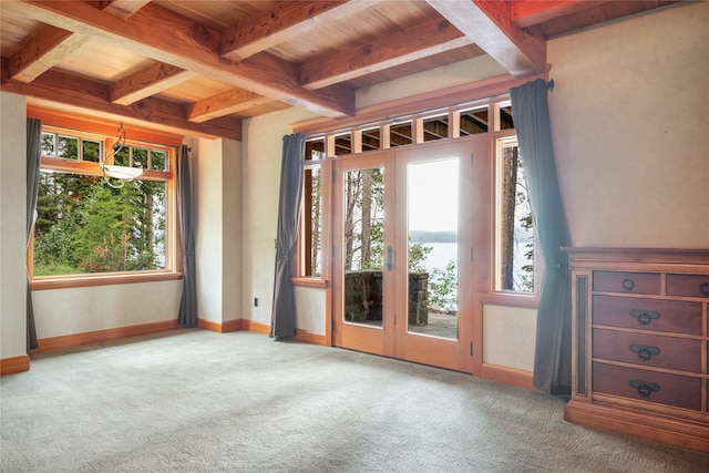 144 S Shore Pl, Seeley Lake, MT 59868 - spare room featuring a wood ceiling with exposed beams and carpet floors