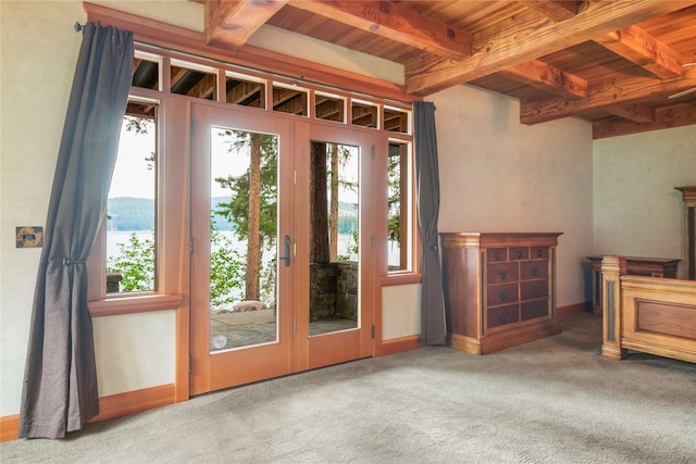 144 S Shore Pl, Seeley Lake, MT 59868 - doorway with a wood ceiling with exposed beams and carpet