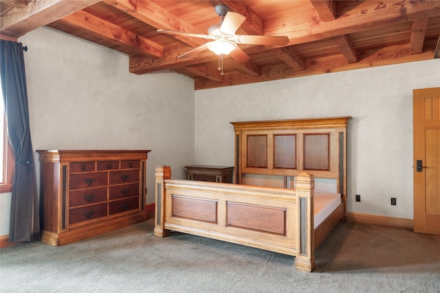 144 S Shore Pl, Seeley Lake, MT 59868 - bedroom featuring a wood ceiling with exposed beams and light carpet