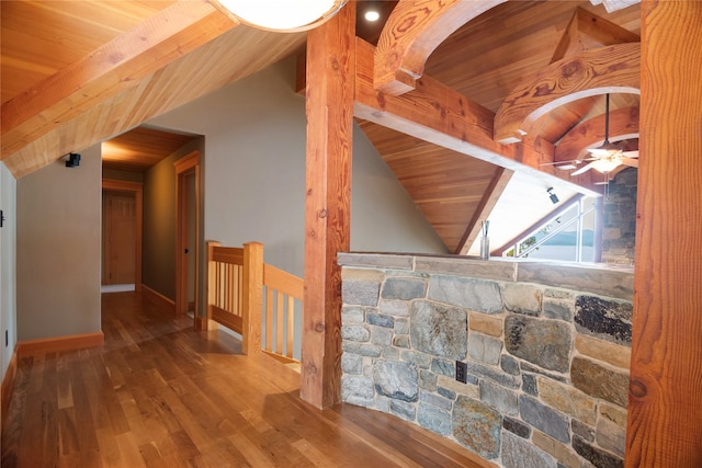144 S Shore Pl, Seeley Lake, MT 59868 - hall with wood ceiling, an upstairs landing, and wood finished floors