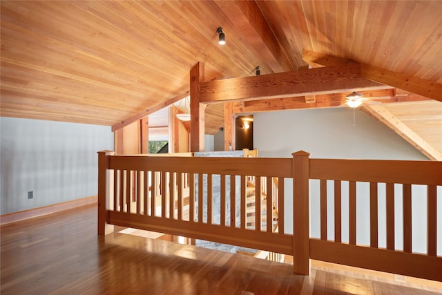 144 S Shore Pl, Seeley Lake, MT 59868 - stairs featuring wooden ceiling, a ceiling fan, and wood finished floors