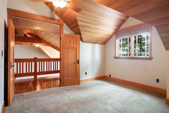 144 S Shore Pl, Seeley Lake, MT 59868 - additional living space featuring ceiling fan, vaulted ceiling, carpet, and wooden ceiling