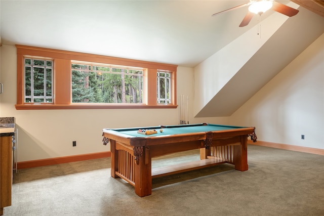 144 S Shore Pl, Seeley Lake, MT 59868 - rec room featuring carpet flooring, ceiling fan, pool table, and plenty of natural light