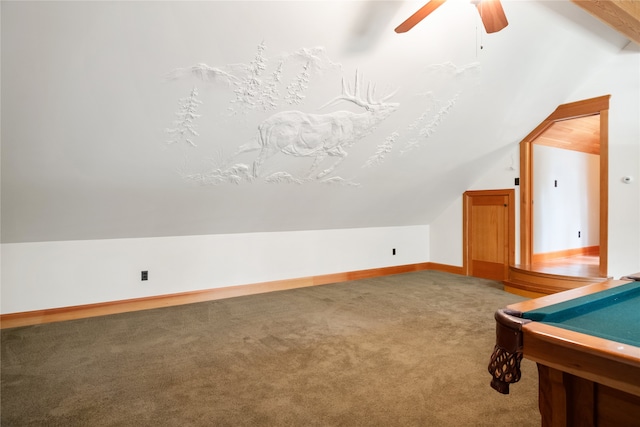 144 S Shore Pl, Seeley Lake, MT 59868 - game room featuring vaulted ceiling, carpet flooring, a ceiling fan, and billiards