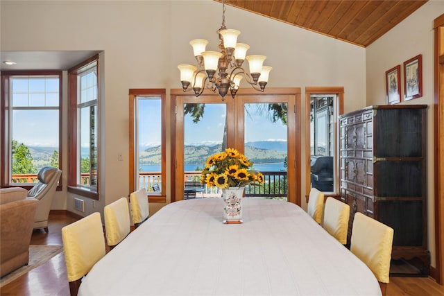 42746 Knuppel Ln, Big Arm, MT 59910 - dining room with a chandelier, wooden ceiling, wood finished floors, vaulted ceiling, and a water view