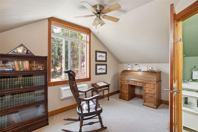 42746 Knuppel Ln, Big Arm, MT 59910 - office space featuring carpet, vaulted ceiling, a ceiling fan, baseboards, and a wall mounted AC