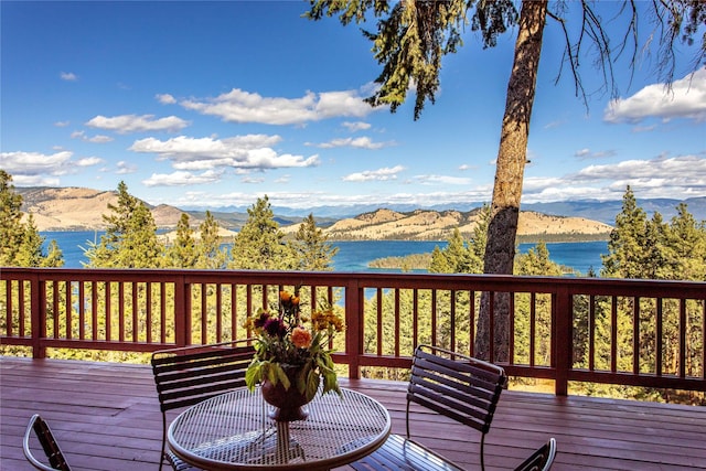 42746 Knuppel Ln, Big Arm, MT 59910 - wooden terrace featuring a water and mountain view