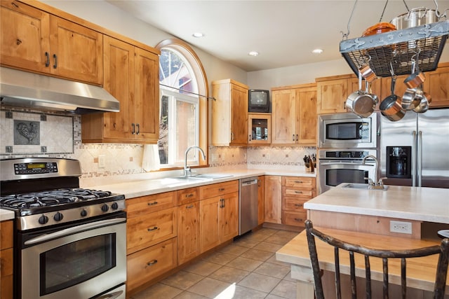 42746 Knuppel Ln, Big Arm, MT 59910 - kitchen with appliances with stainless steel finishes, a sink, under cabinet range hood, light countertops, and recessed lighting