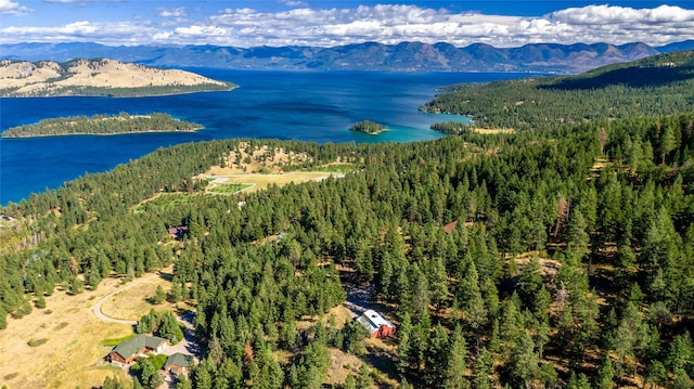42746 Knuppel Ln, Big Arm, MT 59910 - drone / aerial view of a heavily wooded area and a water and mountain view