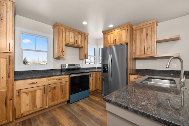 kitchen with a sink, open shelves, stainless steel appliances, dark wood-style floors, and recessed lighting