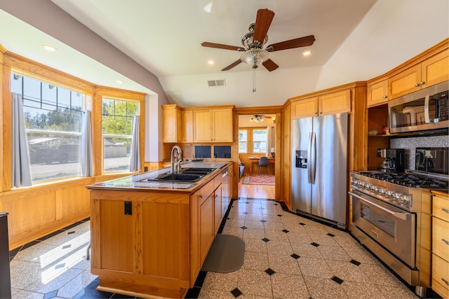 kitchen featuring a wealth of natural light, stainless steel appliances, visible vents, and a sink