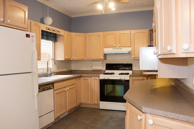 kitchen with under cabinet range hood, light brown cabinetry, a sink, and white appliances