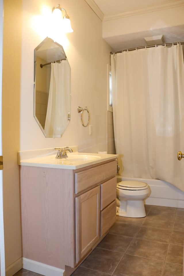 bathroom with shower / bath combo with shower curtain, toilet, ornamental molding, tile patterned flooring, and vanity