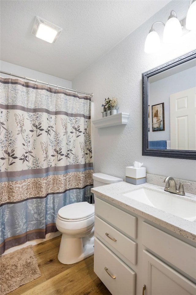 3817 Concord Dr, Missoula, MT 59808 - bathroom featuring toilet, wood finished floors, vanity, and a textured wall