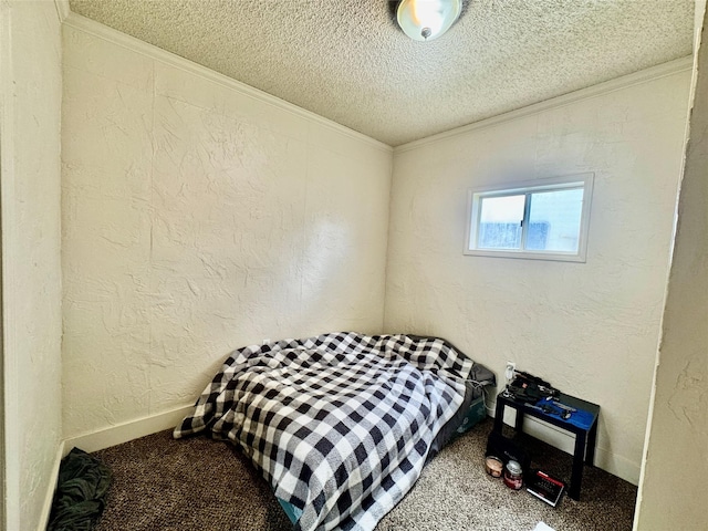 208 2nd Ave S, Belt, MT 59412 - carpeted bedroom featuring crown molding, a textured ceiling, a textured wall, and baseboards