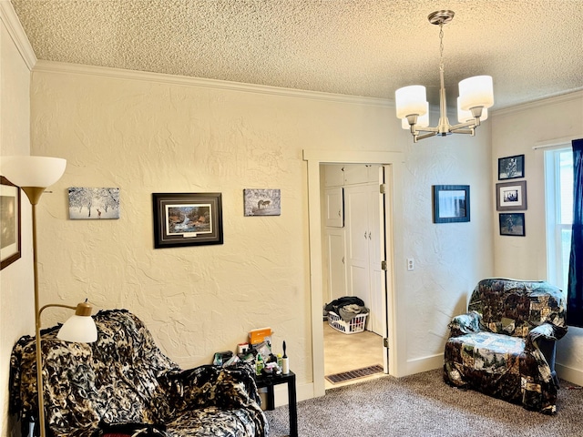208 2nd Ave S, Belt, MT 59412 - living area featuring carpet flooring, a textured wall, a textured ceiling, and a notable chandelier