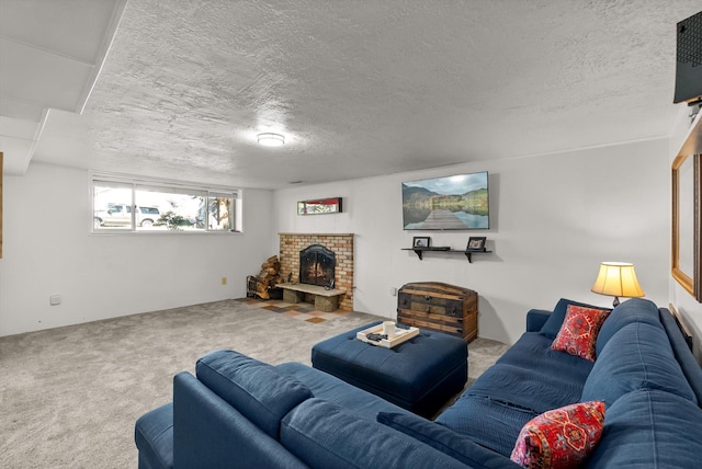 carpeted living room with a textured ceiling and a brick fireplace