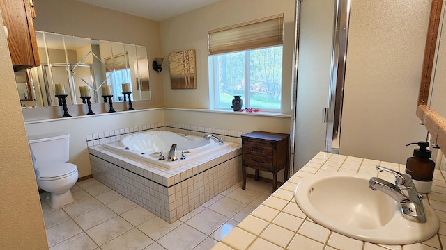 bathroom with toilet, a stall shower, a sink, tile patterned floors, and a bath