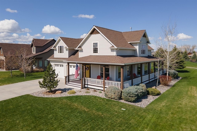 view of front facade featuring a porch, roof with shingles, an attached garage, concrete driveway, and a front yard